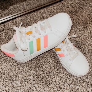 Adidas Girls White Sneakers with Multicolor Stripes